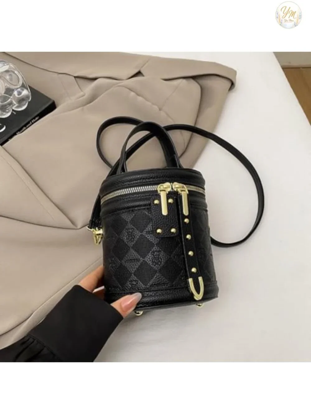 Vegan Leather Quilted Mini Bucket Crossbody Bag with Top Handle